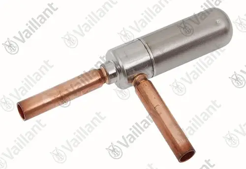 Vaillant Expansionsventil mit zwei Kupferrohren, einem Metallgehäuse und einem oberen Anschluss. Produkt ist für Heizungsanwendungen konzipiert.
